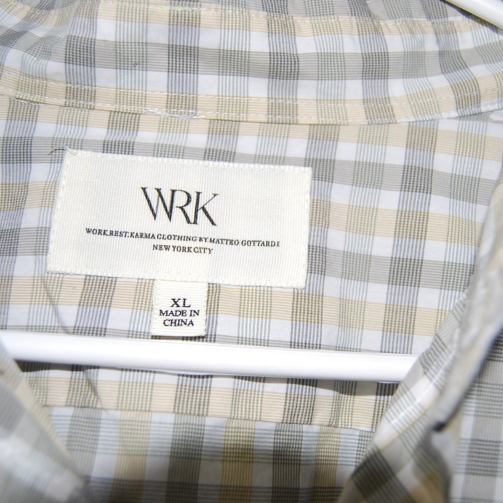 WRK Work Rest Karma  Button Down Shirt Long Sleeve Mens Xl Tan Plaid